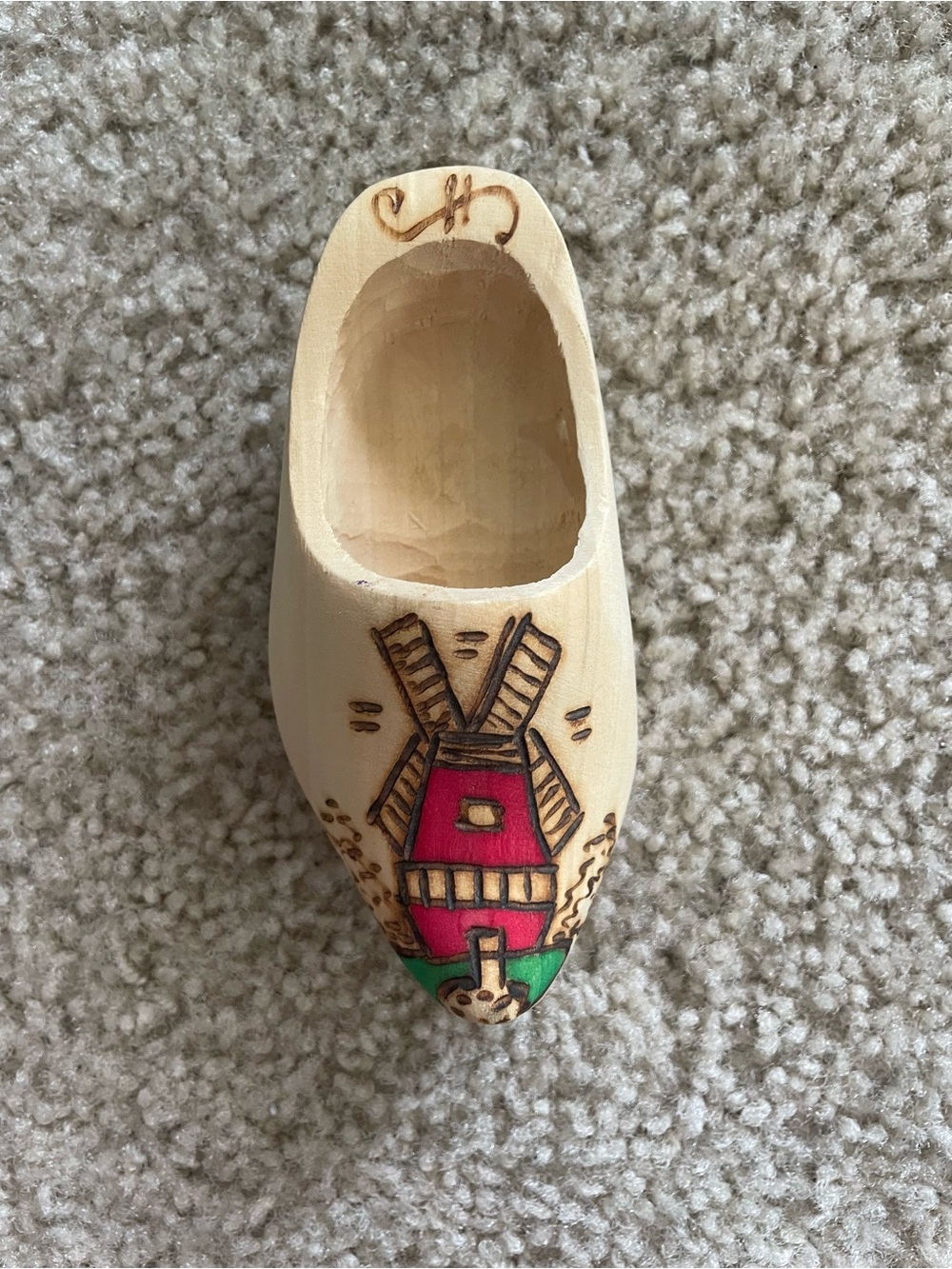 Decorative Wooden Shoe with Red Windmill Accent